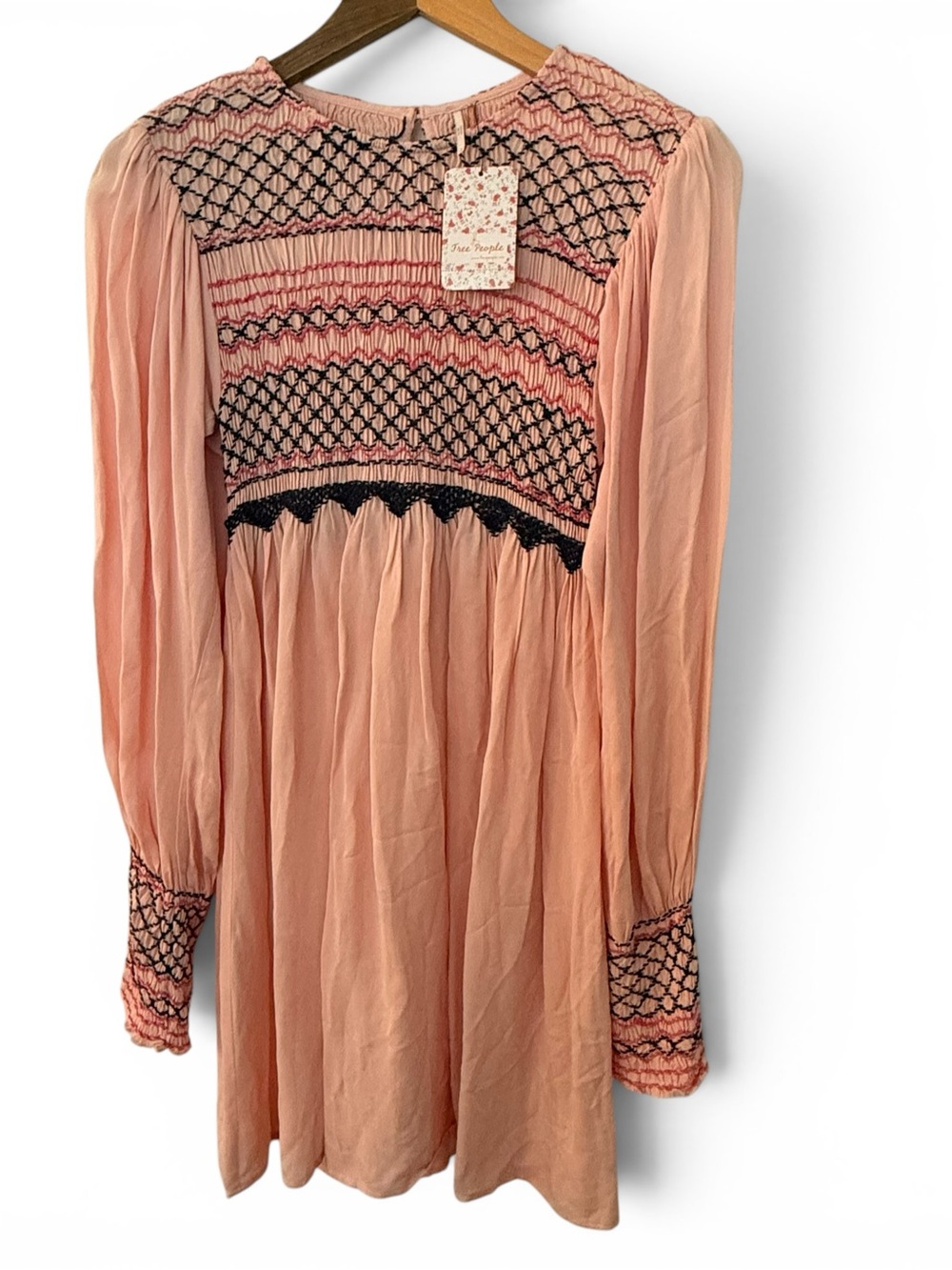 NWT Free People Dress Boho Long-Sleeve Smocked Mini Dress Size Small
